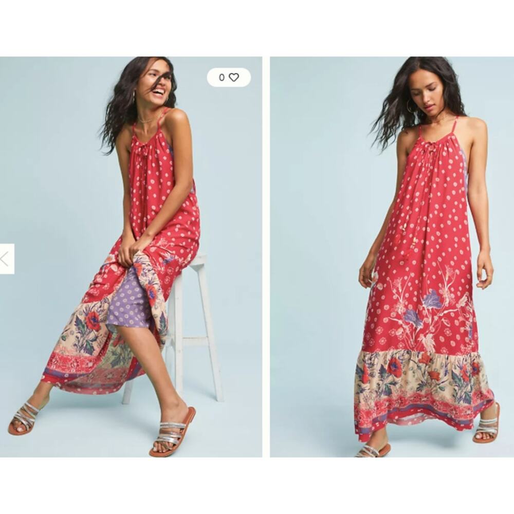 ANTHROPOLOGIE Maeve Kira Printed Dress Red XS/S Red Purple‎ Lined Racerback Maxi